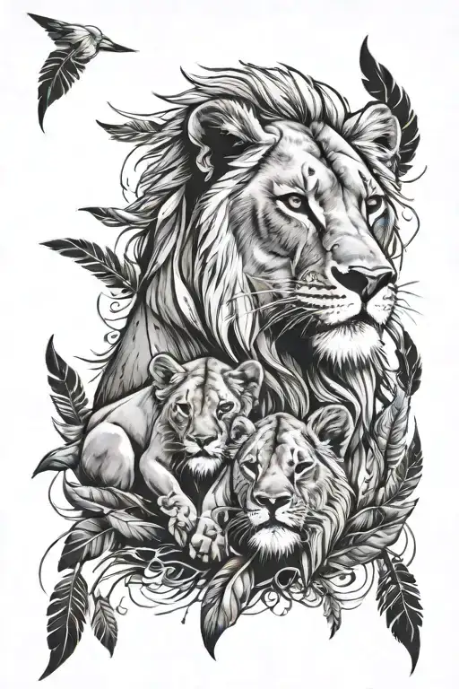 A Lioness Holding A Cub Surrounded By 8 Feathers Falling
