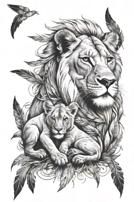 A Lioness Holding A Cub Surrounded By 8 Feathers Falling