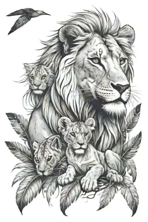 A Lioness Holding A Cub Surrounded By 8 Feathers Falling