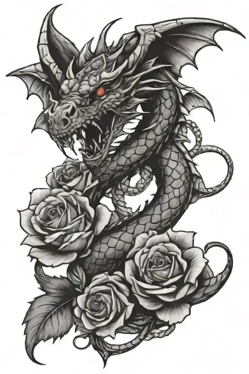 Traditional Dragon Wrapped Around A Anchor With Traditional Roses