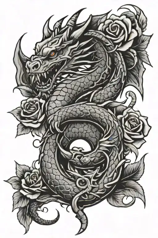American Traditional Dragon Wrapped Around A Anchor With Traditional Roses