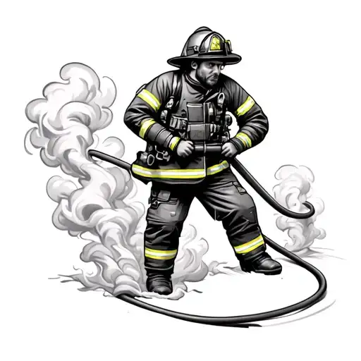 Fire Fighter Holding Hose Out Of Smoke Coming