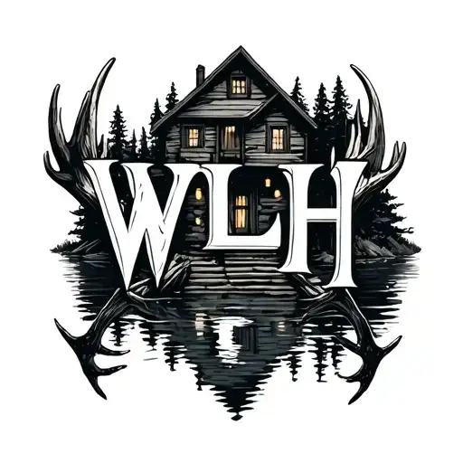 The Letters Wlh Made Out Of Deer Antlers Above A Beautiful Rustic Cabin And Huge Pond