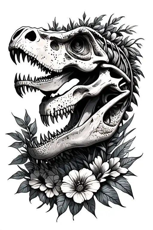 T-rex Skulls Woth Plants And Flowers Intertwined