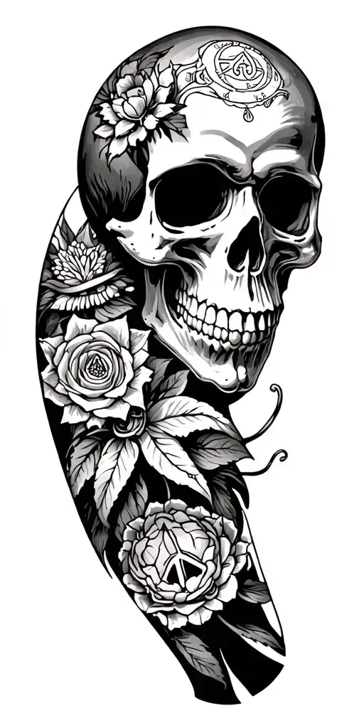 Skull Arm Sleeve Tattoo Featuring Iconic Symbols Peace