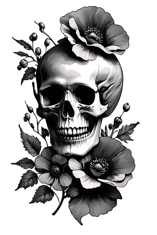 Skull With Hawthorn And Poppy Flowers