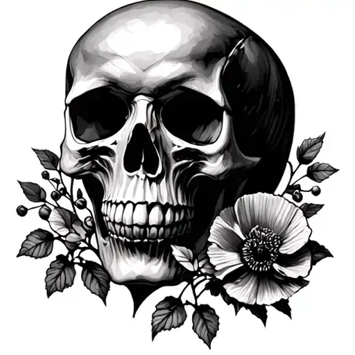 Skull Surrounded By Hawthorn And Poppy Flowers Bloomed