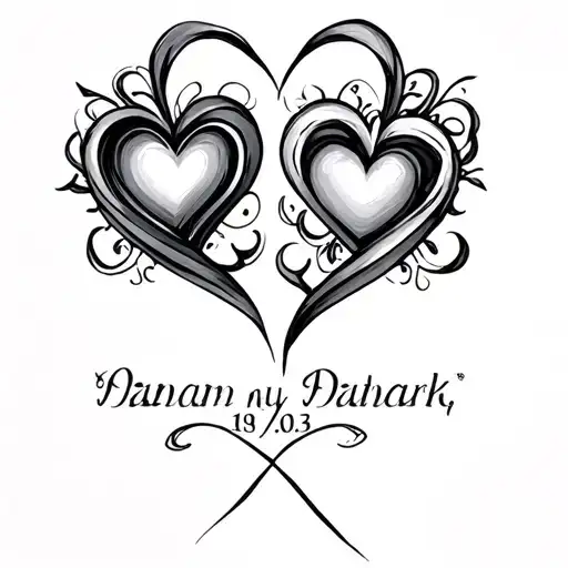 First Name On The Two Tattoos And Two Hearts With Line That Meets When Putting Them Side By Side