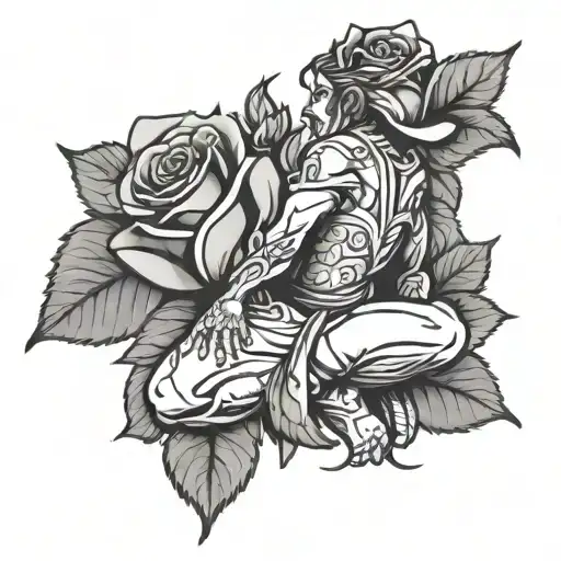 Samarai On Knees Overlooking A Single Rose Growing