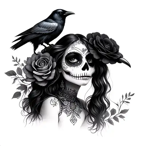 Day Of The Dead Girl With Raven Perched