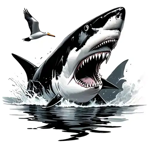 Shark Coming Out Of The Sea And Albatross Flying Above