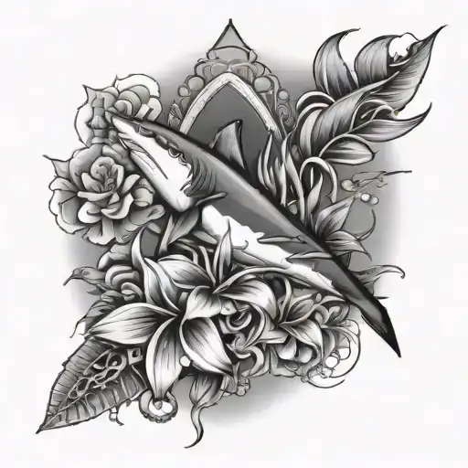 Hawaiian Flowers Down The Spine With Sharks And Rays Around The Flowers