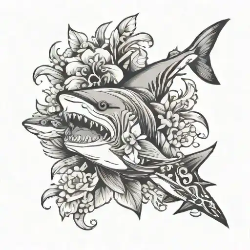 Hawaiian Flowers That Are Horizontal That Has Sharks And Rays Around The Flowers