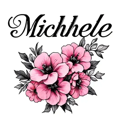 Chest Tattoo With Pink Flowers And The Name Michelle