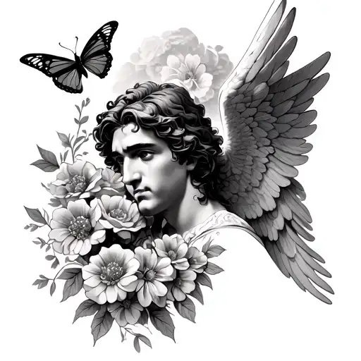 Fineline Male Angel With Flowers And Butter Fly