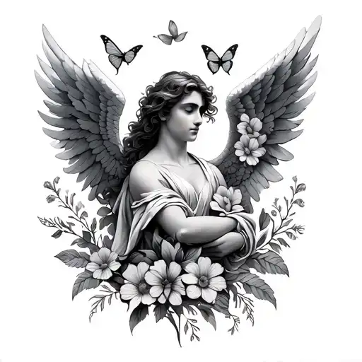 Feminine Fineline Male Angel With Flowers And Butter Fly Small