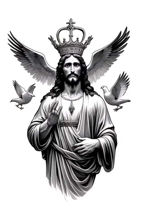 Jesus With His Crown And 3 Doves