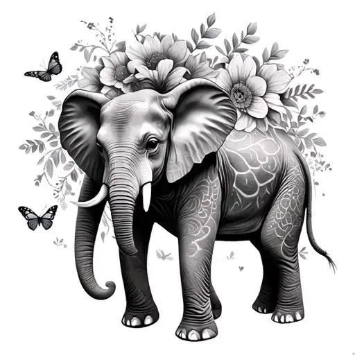 Elephant And Giraffe With Butterflies And Flowers