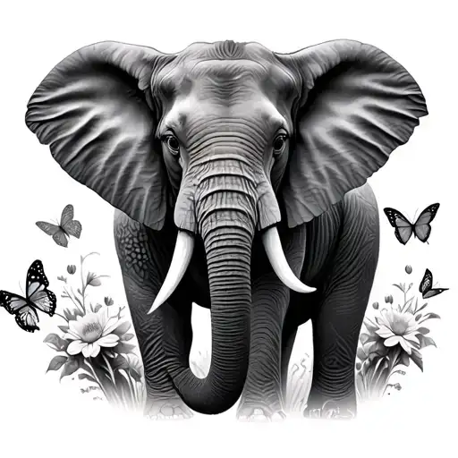 Elephant And Giraffe With Butterflies And Flowers Separated