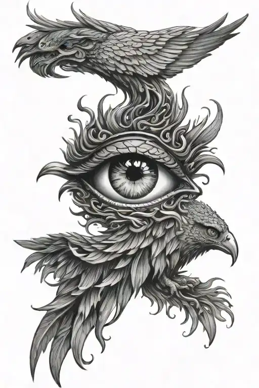 Realistic Female Eye In The Center Of A Phoenix Rising