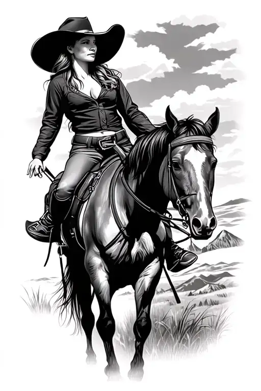 Cowgirl Riding A Horse With Western Scenery