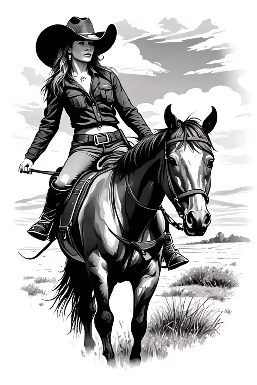 Cowgirl Riding A Horse With Western Scenery From Behind