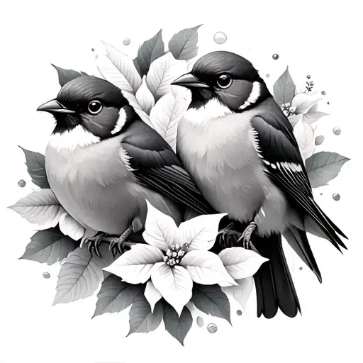 2 Winter Birds In Poinsettas