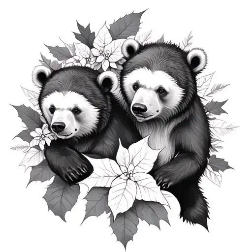 2 Winter Bears In Poinsettas