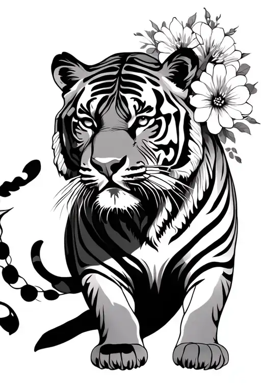 Tiger With Flowers Blooming