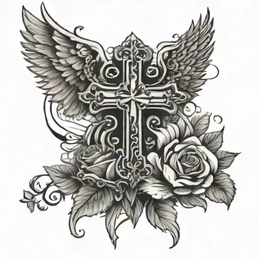 Cross With Roses Chains And Wings