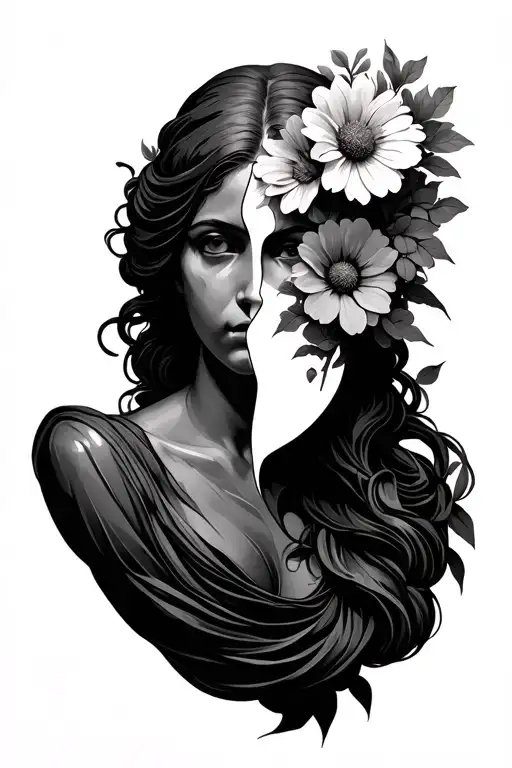 Statue Woman With Split Head With Flowers Growing While Face Frowning
