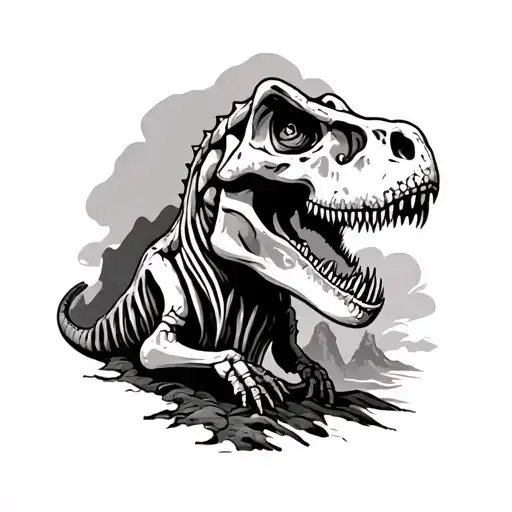 Volcano And Skeleton T Rex