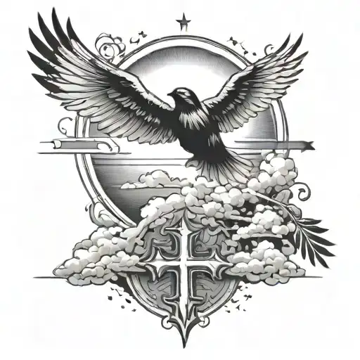 Cross In Sky With Bird Flying