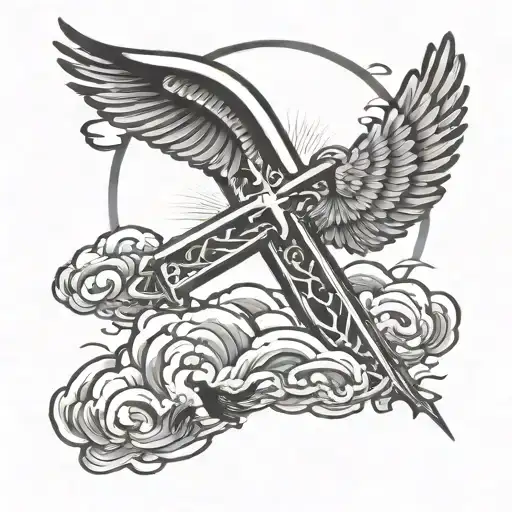 Cross In Cloud With Bird Flying Towards The Sun