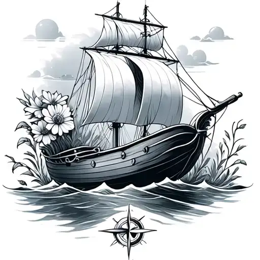 Boat Floating With A Compass And Flowers