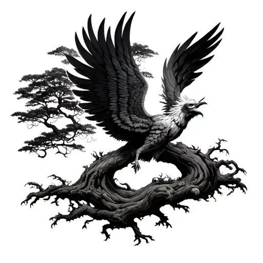 Banyan Tree With Phoenix Rising Phoenix Wings Spread