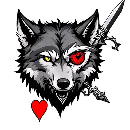 Wolf Head With A Heart As One Eye And A Dagger Going Through Heart