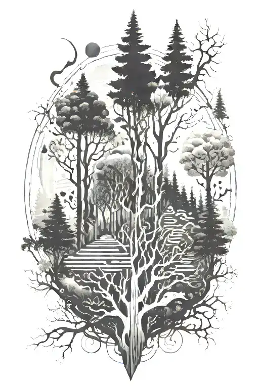 A Forest Scene With Hidden Technology Elements Like Circuit Patterns On The Trees