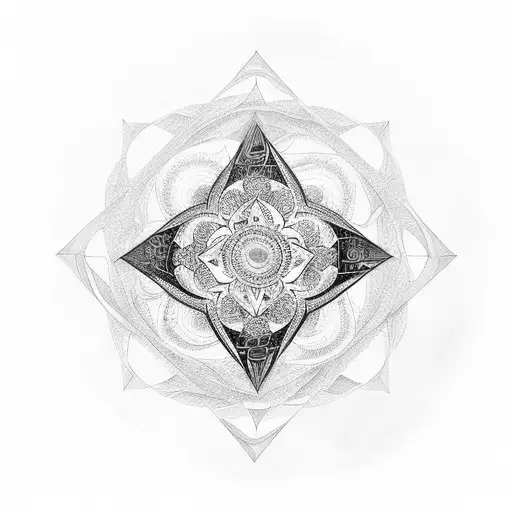 An Intricate Black And Grey Tattoo Of Lyla And Lucas Surrounded By A Mandala Of Triangles