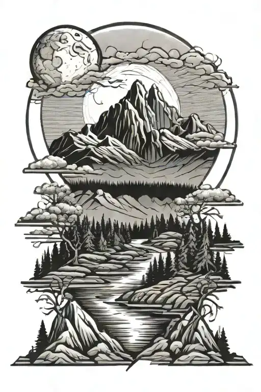 Mountains And Trees With The Moonlight Overlooking A River