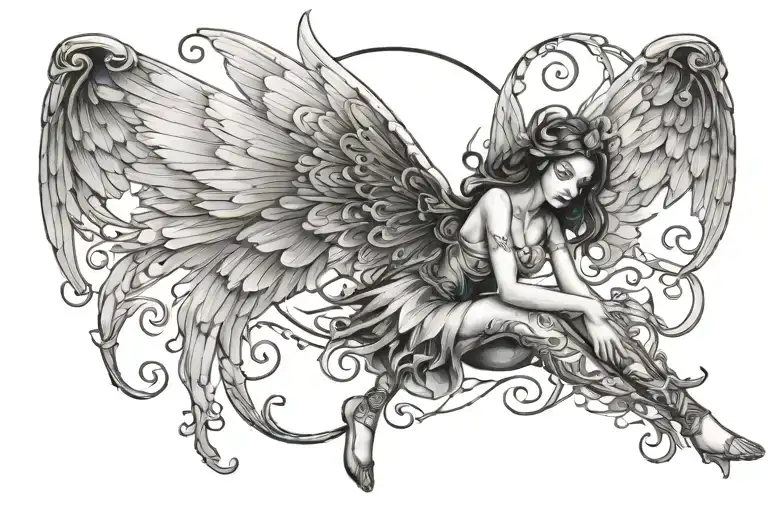 Flying Fairy With Ankles Crossed And Long Wings