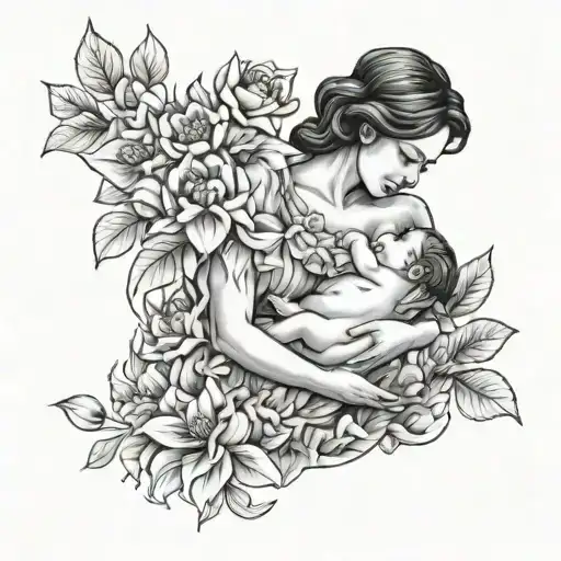 Fine Line Breastfeeding Mother With Flowers