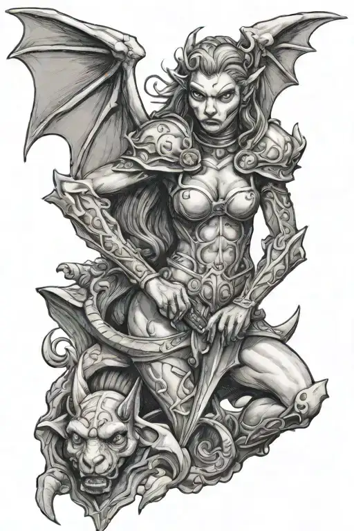 Female Gargoyle Warrior With Her Toddler
