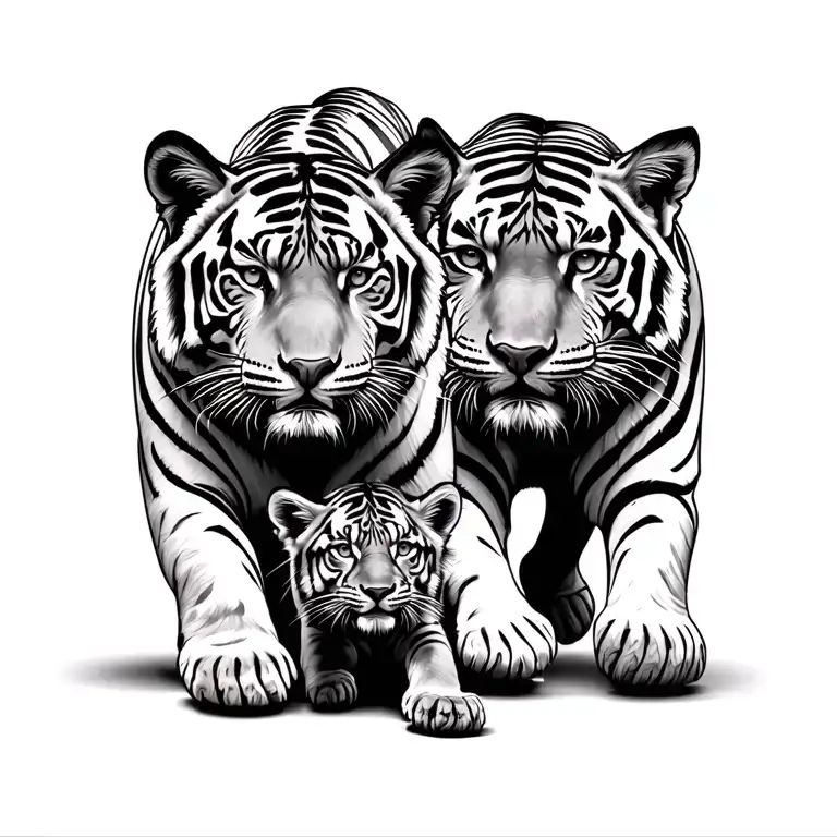 Tiger And Cubs Walking