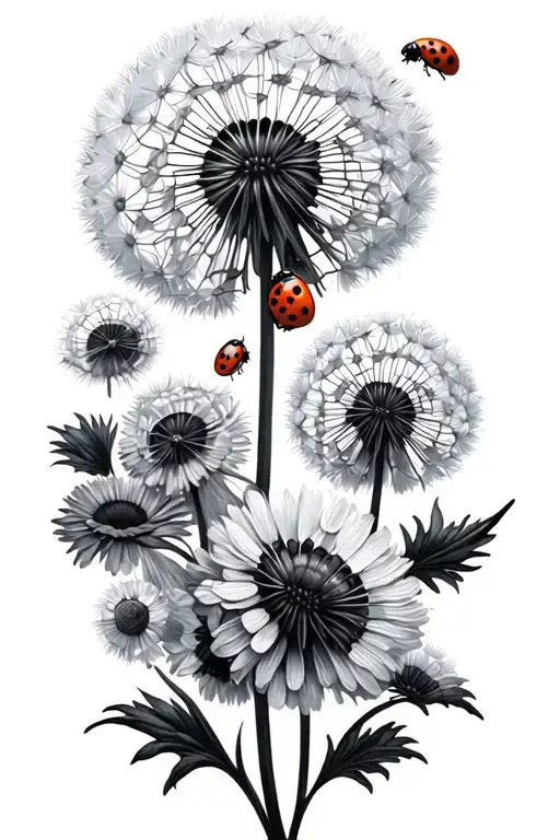 Different Stages Of A Dandelion With Ladybug On Flower