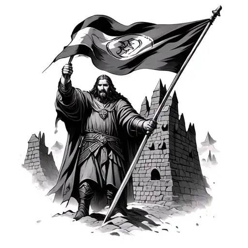 Boromir Holding A Flag Atop Osgiliath