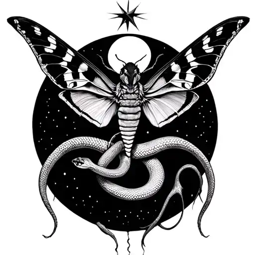 Moth With Snake Intertwined With Moon At Top With A Sort Of Star