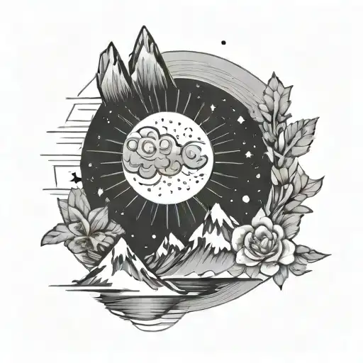 Dainty And Poetic Stencil Drawing Of A Moon Sun And Mountain Or Nature Tattoo Thin Lines