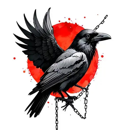 Crow With Red Watercolour Circle Behind The Head And Broken Chains