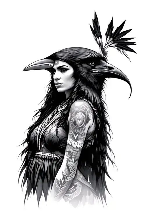 Raven With Native American Woman Posing